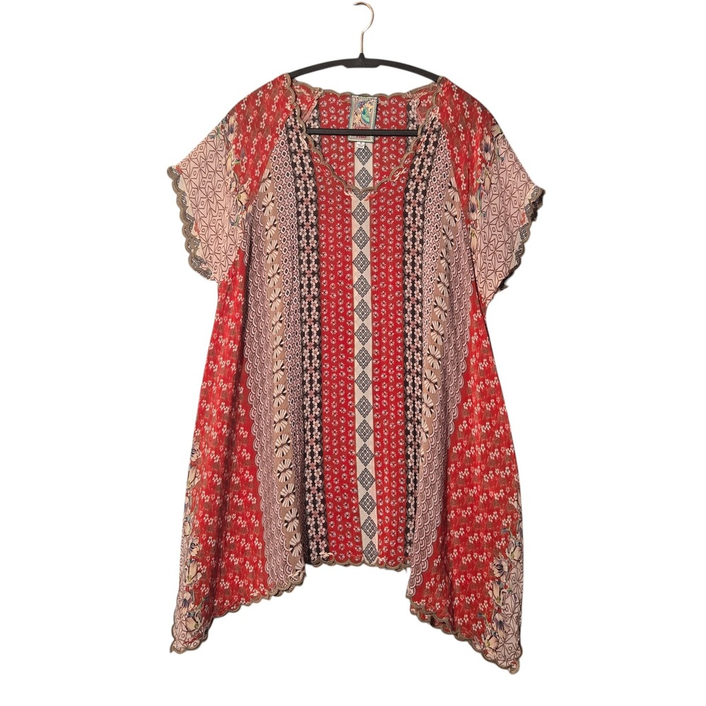 Johnny Was Embroidered Red Jasper Flowy Tunic M Floral Boho Festival Patchwork
